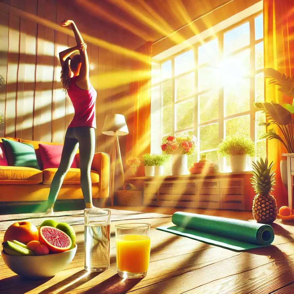 DALL·E 2025-02-24 20.10.47 - A vibrant and energetic morning scene with a person stretching near a window, sunlight streaming in. The person looks refreshed and ready for the day Boost Energy Naturally
